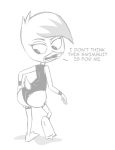  anthro avian bird butt clothed clothing cub dialogue disney duck ducktales ducktales_(2017) english_text hair lena_(ducktales) looking_back monochrome simple_background skimpy swimsuit teenager text white_background young 
