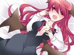  bat_wings blush breasts cleavage commentary_request dress hammer_(sunset_beach) head_wings koakuma large_breasts long_hair lying on_back on_bed open_clothes open_mouth red_eyes red_hair solo touhou wings 