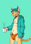  canine cup happy_trail hat hoodie male mammal pubes seaside simple_background solo underwear 