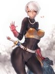  blue_eyes bodysuit breasts cameltoe covered_nipples dark_skin dragon_quest dragon_quest_iii earrings fumio_(rsqkr) gloves jewelry large_breasts lips musical_note necklace ring short_hair silver_hair simple_background smile solo sword thief_(dq3) thighs weapon white_background 