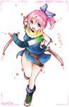  belt boots character_name copyright_name dual_wielding final_fantasy final_fantasy_v gloves hair_ribbon holding lenna_charlotte_tycoon makuwauri ninja ninja_(final_fantasy) ninjatou open_mouth pauldrons pink_hair ponytail reverse_grip ribbon scarf solo weapon 