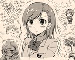  2girls :&lt; aidumi bad_id bad_pixiv_id blazer blush bowl hair_ornament hairpin head_wreath jacket kamijou_touma misaka_mikoto monochrome multiple_girls school_uniform tears to_aru_kagaku_no_railgun to_aru_majutsu_no_index tokiwadai_school_uniform uiharu_kazari 