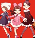  3girls 50yen blush breasts brown_eyes brown_hair character_request child coat dress earrings glasses hair_bun hat jewelry mary_janes mitokon multiple_girls pantyhose ponytail red_background ribbon shoes short_hair simple_background socks standing sweatdrop 