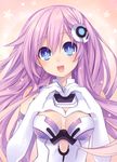  :d absurdres blue_eyes breasts choujigen_game_neptune_mk2 elbow_gloves gloves hair_ornament heart heart_hands highres long_hair looking_at_viewer medium_breasts nepgear neptune_(series) official_art open_mouth power_symbol purple_hair purple_sister smile solo star symbol-shaped_pupils tsunako upper_body white_gloves 