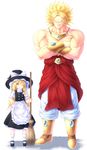  1girl blonde_hair blush bow bracelet broly broom crossed_arms crossover dragon_ball dragon_ball_z dress earrings hair_bow hair_ribbon hat height_difference highres jewelry kirisame_marisa komimiyako legendary_super_saiyan long_hair muscle necklace puffy_sleeves ribbon short_sleeves smile smirk spiked_hair super_saiyan touhou white_background witch_hat yellow_eyes 