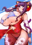  1girl amano_taiki animal_ears areola_slip areolae bell blush breasts cat_ears cat_tail character_request female glasses highres huge_breasts long_hair nipples panties purple_eyes purple_hair see-through source_request tail underwear wide_hips 