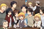  6+boys annie_leonhardt armin_arlert bertolt_hoover black_eyes black_hair blonde_hair blue_eyes blush brown_eyes brown_hair christa_renz clapping connie_springer cup eren_yeager everyone food grin hand_on_head hood hoodie jean_kirchstein keith_shadis knife long_hair long_sleeves marco_bodt marimo_danshaku mikasa_ackerman multiple_boys multiple_girls one_eye_closed ponytail reiner_braun sasha_braus scarf shingeki_no_kyojin short_hair smile steak sweatdrop vest yellow_eyes ymir_(shingeki_no_kyojin) 