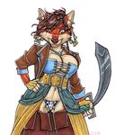  brown_hair canine corset ear_piercing female fur hair jordan_madeline_dire looking_at_viewer mammal orange_fur outlandish_studios panties piercing pirate sword tan_fur underwear weapon wolf yellow_eyes 