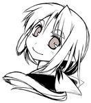  bad_id bad_pixiv_id eyebrows hakoniwa_tsuka looking_at_viewer looking_back monochrome pixiv_mahou_gakuen pointy_ears short_hair simple_background smile solo upper_body white_background 