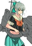  bangs black_legwear bow bowtie brown_eyes crop_top flat_color grey_hair hair_bow highres kantai_collection midriff pantyhose pleated_skirt ponytail school_uniform serafuku short_sleeves skirt solo tetsu_(kimuchi) translated yuubari_(kantai_collection) 