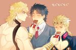  black_hair blonde_hair blue_eyes blush chocolate chocolate_bar closed_eyes dio_brando eating father_and_son feeding giorno_giovanna heart jojo_no_kimyou_na_bouken jonathan_joestar male_focus manaka_(gunjooou) multiple_boys muscle necktie simple_background 