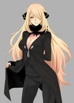  1girl blonde_hair breasts cleavage female fur fur_trim gothic grey_background hair_ornament hair_ornaments hair_over_one_eye hips holding_clothes legs long_hair looking_at_viewer nintendo pokemon shiny shirona_(pokemon) silver_eyes simple_background smile solo standing 