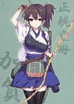  archery arm_up bow_(weapon) breasts brown_hair gloves hakama_skirt kaga_(kantai_collection) kaguyuzu kantai_collection kyuudou large_breasts lips muneate partly_fingerless_gloves side_ponytail solo standing weapon yellow_eyes yugake 