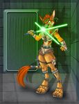  avian beak big_ears breasts brown_eyes clenched_teeth clothing digigrade digitigrade feathers female fur gloves gryphon hair headband jedi large_ears lightsaber lizkay midriff open_mouth pouches sandals shorts solo spiked_hair standing star_wars sword tail_tuft teeth toolbelt tuft weapon 