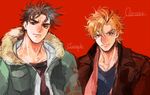  bad_id bad_pixiv_id blonde_hair brown_hair caesar_anthonio_zeppeli facial_mark fur_trim green_jacket jacket jojo_no_kimyou_na_bouken joseph_joestar_(young) multiple_boys oreha00701 red_jacket 