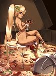  anklet back_turned bangle bell_pepper blonde_hair bracelet breasts brown_eyes butt cheese crossed_legs dark_skin dripping female food hair hair_ornament holding jewelry junkpuyo long_hair looking_at_viewer monster monster_girl mushroom nude onion open_mouth original_character pepper pepperoni personification pizza pizza_box pizza_cutter ponytail side_boob sitting solo tomato vegetable 