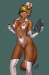  blonde_hair brown_fur clipboard clothed clothing female front fur green_eyes grey_the_skunk hair looking_at_viewer mammal mustelid navel nurse nurse_hat otter pills plain_background skimpy solo standing 
