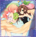  absurdres bare_shoulders bed blanket blush_stickers bow brown_hair choujigen_game_neptune clock closed_eyes compa dogoo green_eyes hair_ornament hair_ornament_removed highres holding hug if_(choujigen_game_neptune) long_hair multiple_girls neptune_(choujigen_game_neptune) neptune_(series) official_art one_eye_closed open_mouth orange_hair pillow shirt sleeping sleepwear sleepy strapless striped striped_legwear stuffed_animal stuffed_toy swirl tears thighhighs tsunako wince 