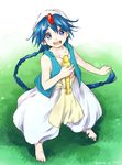  2012 :d aladdin_(magi) artist_name baggy_pants barefoot blue_eyes blue_hair braid dated flute gem grass instrument long_hair magi_the_labyrinth_of_magic makuwauri male_focus open_mouth pants single_braid smile solo turban very_long_hair 