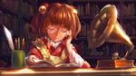  apron bell blush bobomaster book checkered closed_eyes clothes_writing cup glasses hair_bell hair_ornament japanese_clothes jingle_bell motoori_kosuzu open_mouth pen phonograph quill red_hair short_hair smile solo touhou two_side_up wide_sleeves 