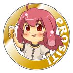  ahoge alcohol beer chibi glass original parted_lips peche_(rapuso) rapuso_(rhapso) red_eyes red_hair short_sleeves smile solo 