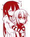  adyisu altair_floone area_aquamarine bad_id bad_pixiv_id blush closed_eyes heart hug hug_from_behind long_hair monochrome multiple_girls open_mouth original short_hair smile 