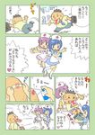  2girls assisted_exposure bandaid blue_eyes blue_hair comic food food_in_mouth heart injury kabiinyo_(kab) mouth_hold multiple_girls necktie numbered_panels nurse original pants_down pants_pull pantsing pulled_by_another purple_hair running short_hair spoken_heart spray_can toast toast_in_mouth translated 