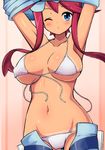  armpits arms_up bikini blue_eyes blush breasts chro_(rulurullu) covered_nipples front-tie_top fuuro_(pokemon) groin highres large_breasts long_hair navel one_eye_closed pants pokemon pokemon_(game) pokemon_bw red_hair shiny shiny_skin solo swimsuit tan tanline undressing untied untied_bikini wardrobe_malfunction white_bikini 