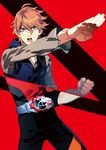  belt hazama_masayoshi henshin henshin_pose highres kurahana_chinatsu looking_at_viewer male_focus official_art pose red_background samurai_flamenco samurai_flamenco_(character) solo two-tone_background 