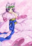  animal_ears blue_eyes blush cat_ears flower hair_ornament hand_to_own_mouth haruakira_rika highres japanese_clothes kimono lavender_hair lens_flare minaha_(playjoe2005) obi original purple ribbon sash sketch smile wide_sleeves wreath yukata 