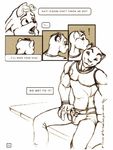  black_and_white brown_theme bulge canine clothing comic dialog duo ears_down ears_up english_text fel feline fox gay jeans male mammal monochrome open_mouth panther shirt sitting sketch surprise tank_top text 