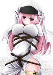  amane_(zmc) arms_behind_back bad_id bad_pixiv_id bdsm blue_eyes blush bondage bound breast_bondage breasts caladrius cross crotch_rope habit large_breasts long_hair maria_therese_bloomfield nun pink_hair rope shibari shibari_over_clothes side_slit solo thigh_strap 