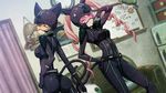  2girls amane_suzuha animal_ears ass bodysuit cat_ears cat_tail catsuit character_request fake_animal_ears faris_nyannyan hand_on_head helmet multiple_girls pose smile steins;gate tail visor 