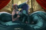  breasts brown_hair djpuppeh female hair human kissing male mammal multi_limb multiple_arms naga nude purple_hair 