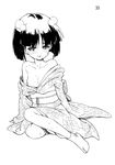  blush flat_chest girls_und_panzer greyscale highres japanese_clothes kimono monochrome nipples off_shoulder sabaku_chitai short_hair simple_background sitting solo sono_midoriko white_background 