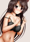  animal_ears bad_id bad_pixiv_id black_bra blush bottomless bra breasts brown_eyes brown_hair collarbone imaizumi_kagerou large_breasts long_hair navel out-of-frame_censoring sakura_fuyuki solo strap_pull strap_slip touhou underwear very_long_hair wolf_ears 