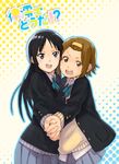  :d akiyama_mio black_eyes black_hair brown_eyes brown_hair fukutarou_(enji127) holding_hands k-on! long_hair multiple_girls open_mouth round_teeth sakuragaoka_high_school_uniform school_uniform short_hair smile tainaka_ritsu teeth v-shaped_eyebrows 