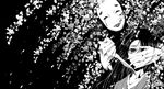  bad_id bad_pixiv_id banned_artist black_hair cherry_blossoms copyright_request floating_hair greyscale hand_on_another's_face knife long_hair looking_at_viewer mask monochrome yoshii 