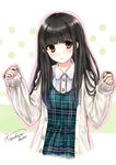  arms_up bangs black_hair blunt_bangs blush brown_eyes buttons cardigan collar dress jacket kazuharu_kina long_hair long_sleeves open_cardigan open_clothes original plaid plaid_dress signature simple_background smile solo unbuttoned upper_body 