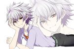  1boy androgynous bishounen denim grey_hair highres jeans lying male male_focus nagisa_kaworu neon_genesis_evangelion on_stomach pants pixiv_manga_sample red_eyes resized short_hair simple_background smile solo usagigenki white_hair zoom_layer 