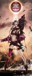  absurdres bandaid bandaid_on_knee belt bikini_top black_gloves blue_hair boots braid bullet character_name duto fingerless_gloves gloves highres jewelry jinx_(league_of_legends) league_of_legends lips long_hair looking_at_viewer midriff navel necklace one_eye_closed red_eyes single_thighhigh solo tattoo thighhighs twin_braids very_long_hair weapon 