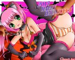 breasts chain cleavage collar disembodied_limb dr_rex elbow_gloves gloves green_eyes halloween large_breasts leash long_hair original panties pink_hair solo_focus striped striped_panties thighhighs twintails underwear 