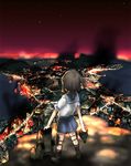  city_lights cityscape commentary fire fubuki_(kantai_collection) highres kantai_collection kneehighs pleated_skirt ponytail school_uniform serafuku skirt smoke solo tendai_uyaku 