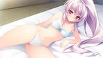  anapom blush bow bow_bra bra cameltoe futon game_cg kitazono_saya long_hair lying navel on_side panties purple_eyes shukufuku_no_kane_no_oto_wa_sakura-iro_no_kaze_to_tomo_ni silver_hair smile solo spread_legs underwear underwear_only white_bra white_panties 