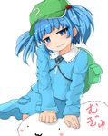  :3 absurdres backpack bag blue_eyes blue_hair blush blush_stickers dress hair_bobbles hair_ornament hat highres ichirin kawashiro_nitori key long_sleeves looking_at_viewer pillow pocket shirt short_hair short_twintails skirt skirt_set smile solo touhou twintails two_side_up 
