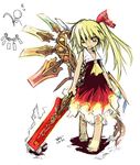  ascot bad_id bad_pixiv_id barefoot blonde_hair flandre_scarlet full_body hakoniwa_tsuka long_hair looking_at_viewer red_eyes simple_background solo touhou weapon white_background 