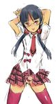 androgynous arms_up blush coin_rand crossdressing glasses long_hair male_focus no_pupils original otoko_no_ko penis pink_eyes pleated_skirt school_uniform sketch skirt solo thighhighs tongue white_background 