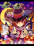  akagi_(kantai_collection) akatsuki_(kantai_collection) anchor_symbol ashishun blue_eyes brown_eyes brown_hair candy chibi confetti food ghost_costume ha-class_destroyer halloween halloween_costume hammer_and_sickle hat hibiki_(kantai_collection) highres ikazuchi_(kantai_collection) inazuma_(kantai_collection) jack-o'-lantern kantai_collection kneehighs multiple_girls pantyhose pleated_skirt ro-class_destroyer school_uniform seaplane serafuku shinkaisei-kan silver_hair skirt verniy_(kantai_collection) witch_hat 