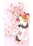  :d arms_behind_back blush hair_ribbon kaname_madoka kyubey mahou_shoujo_madoka_magica open_mouth pink_eyes pink_hair ribbon school_uniform short_hair short_twintails smile thighhighs twintails white_legwear yuuzii 