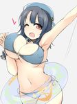  armpits bangs bikini black_hair blunt_bangs hat heart kantai_collection kokuto_adk one_eye_closed open_mouth red_eyes short_hair side-tie_bikini smile solo swimsuit takao_(kantai_collection) 